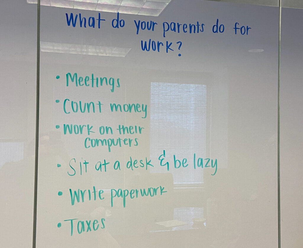 white board with text - what do your parents do for work?